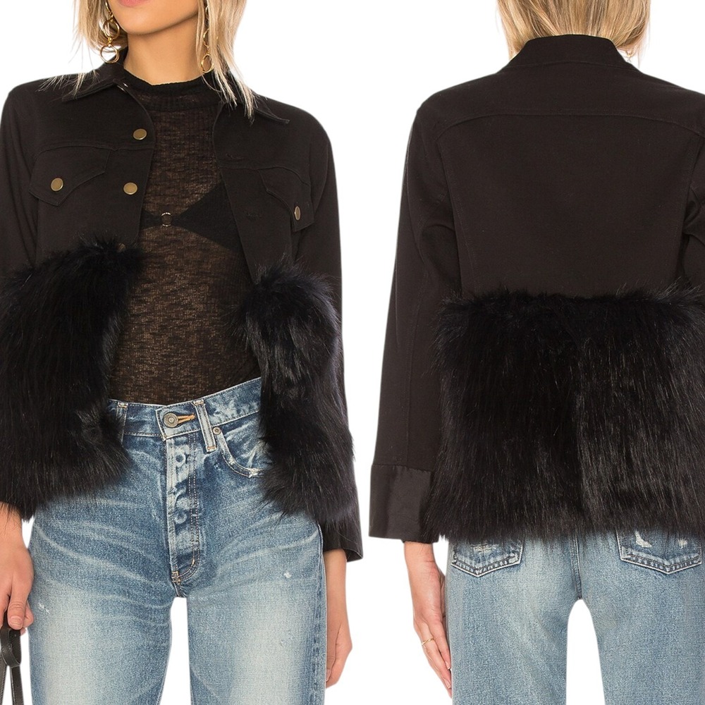 Harvey Faircloth Denim Jacket With‎ Faux Fur Womens Small Black Silk Wool Trim
